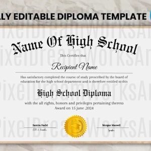 Printable High School Diploma Template, Home School Diploma, High School Diploma, Diploma Replica Template, Instant Download