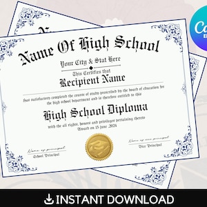 Druckbare GED-Diplomvorlage, Abiturdiplom, Schuläquivalenzdiplom, bearbeitbare Diplomnachbildungsvorlage, digitaler Download