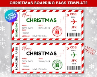 Christmas Boarding Pass Template, Editable Boarding Pass, Xmas Boarding Ticket, Surprise Vacation Ticket, Merry Christmas Boarding Pass