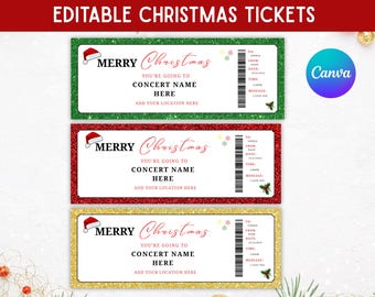 Puede incluir: Tres entradas para conciertos navideños con bordes brillantes en verde, rojo y dorado. Cada entrada presenta un gorro de Papá Noel, las palabras "Merry Christmas" y espacio para detalles del concierto. El logotipo de Canva es visible.