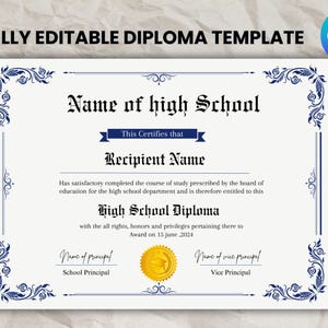 Printable High School Diploma Template, Home School Diploma, High School Diploma, Diploma Replica Template, Instant Download