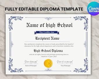 Plantilla de diploma de escuela secundaria imprimible, Diploma de escuela en casa, Diploma de escuela secundaria, Plantilla de réplica de diploma, Descarga instantánea