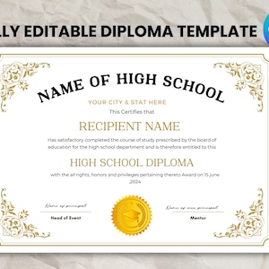 Printable High School Diploma Template, Home School Diploma, High School Diploma, Diploma Replica Template, Instant Download