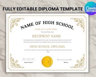 Plantilla imprimible para diploma de secundaria, diploma de educación en casa, diploma de secundaria, plantilla de réplica de diploma, descarga instantánea