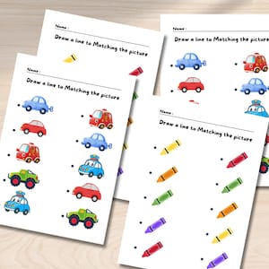 May include: Four printable worksheets with the text "Draw a line to Matching the picture". Each worksheet has a set of colorful cars and crayons to match.