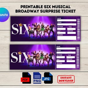 Druckbare Sechs Musical Broadway Surprise Ticket-Vorlage, Bearbeitbare Sechs Musical-Event-Karte, Theaterkarte, Musikshow, Sofort-Download