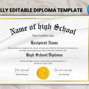 Printable High School Diploma Template, Home School Diploma, High School Diploma, Diploma Replica Template, Instant Download