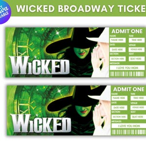 Bearbeitbares Wicked Broadway Surprise Ticket, Andenken für den Eintritt ins Musiktheater, bearbeitbare Konzertkarte, PDF Digital Download