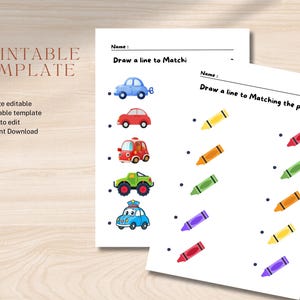 May include: A printable worksheet for kids to practice matching colors. The worksheet features a variety of colorful cars and crayons. The text on the worksheet says "Draw a line to match the picture".