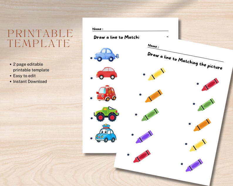May include: A printable worksheet for kids to practice matching colors. The worksheet features a variety of colorful cars and crayons. The text on the worksheet says "Draw a line to match the picture".