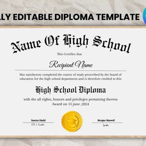 Printable High School Diploma Template, Home School Diploma, High School Diploma, Diploma Replica Template, Instant Download