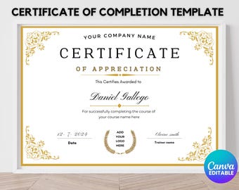 Editable Certificate Of Completion Template, Certificate Of Completion, Printable Course Certificate Of Completion, Canva Template
