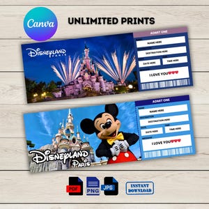 May include: Two printable tickets for Disneyland Paris. The top ticket features a nighttime view of the park with fireworks. The bottom ticket features Mickey Mouse in front of Sleeping Beauty's Castle. Both tickets say "I Love You" and have space for names, dates, and times.