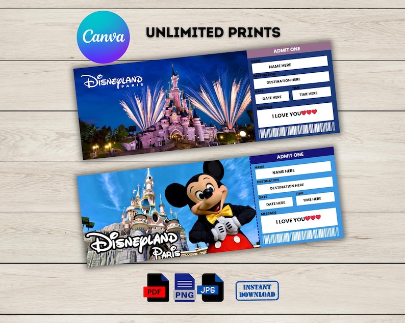 May include: Two printable tickets for Disneyland Paris. The top ticket features a nighttime view of the park with fireworks. The bottom ticket features Mickey Mouse in front of Sleeping Beauty's Castle. Both tickets say "I Love You" and have space for names, dates, and times.
