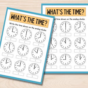 May include: Two printable worksheets with analog clocks. The worksheets have the text "What's the time?" and ask the user to write the time shown on the analog clocks.