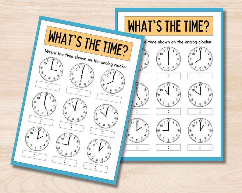May include: Two printable worksheets with analog clocks. The worksheets have the text "What's the time?" and ask the user to write the time shown on the analog clocks.