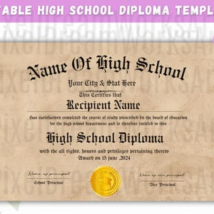 Modello di diploma di scuola superiore stampabile, diploma di scuola domestica, diploma di scuola superiore, modello di replica del diploma, download immediato