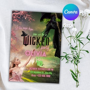 Könnte beinhalten: Eine druckbare Einladung zu einer Wicked-Mottoparty. Die Einladung zeigt eine grüne Hexe mit einem spitzen Hut und einem rosa Kleid mit einer Krone. Der Text auf der Einladung lautet "Let the magic begin, join us for a Wicked party, Olivia turning 10, October 31st 2025 8:00 PM, 123 Anywhere St., Any City, Rsvp +123-456-7890".