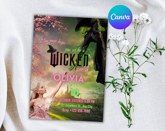 Edytowalne zaproszenie na imprezę urodzinową Wicked, zaproszenie na imprezę Wicked, bilet na imprezę filmową, szablon zaproszenia, natychmiastowe pobranie, Wicked Inspired
