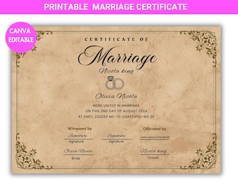 Editable Modern Marriage Certificate, Marriage Certificate Template, Canva Editable Certificate, Marriage Certificate PDF, Digital Download