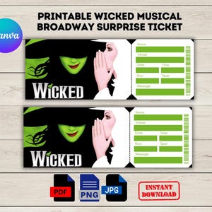 Bearbeitbares Wicked Broadway Surprise Ticket, Andenken für den Eintritt ins Musiktheater, bearbeitbare Konzertkarte, PDF Digital Download