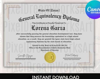 Printable GED Diploma Template, High School Diploma, School Equivalency Diploma, Editable Diploma Replica Template, Digital Download