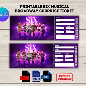 Druckbare Sechs Musical Broadway Surprise Ticket-Vorlage, Bearbeitbare Sechs Musical-Event-Karte, Theaterkarte, Musikshow, Sofort-Download