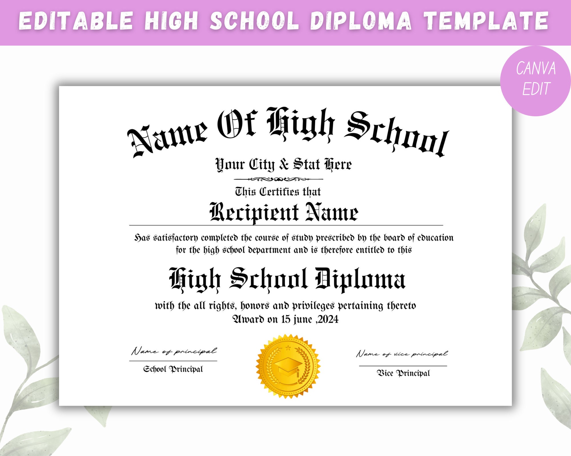 Editable High School Diploma Template High School Diploma Printable