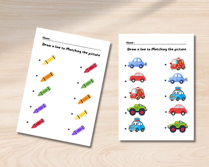 May include: Two printable worksheets for kids to practice matching. The first worksheet has a set of crayons in different colors and the second worksheet has a set of cars in different colors.