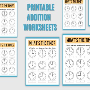 May include: Printable worksheets for learning to tell time. Each worksheet features a title "What's the Time?" and includes multiple analog clocks with blank spaces to write the time shown.