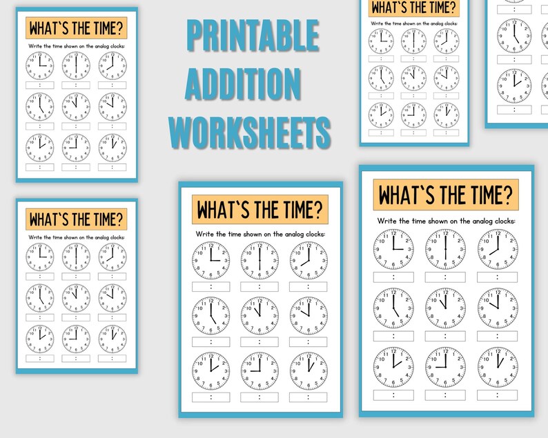 May include: Printable worksheets for learning to tell time. Each worksheet features a title "What's the Time?" and includes multiple analog clocks with blank spaces to write the time shown.