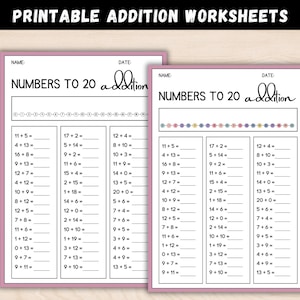 Puede incluir: Hojas de trabajo de suma imprimibles para los números del 1 al 20. Las hojas de trabajo tienen un fondo rosa y presentan una ilustración de un conejito. Cada hoja de trabajo tiene tres columnas de problemas de suma.