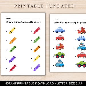 May include: Printable worksheet with two sections. The left side has a matching game with crayons and the right side has a matching game with cars. The text "Draw a line to Matching the picture" is at the top of each section.