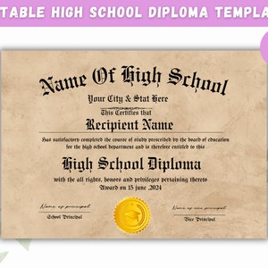 Printable High School Diploma Template, Home School Diploma, High School Diploma, Diploma Replica Template, Instant Download