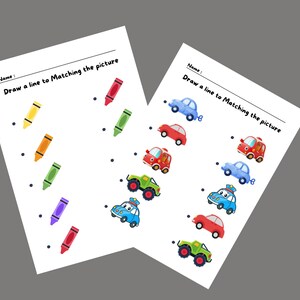 May include: A printable worksheet with two sections. The top section has a line of five crayons in different colors. The bottom section has a line of five toy cars in different colors. The text "Draw a line to Matching the picture" is at the top of each section.