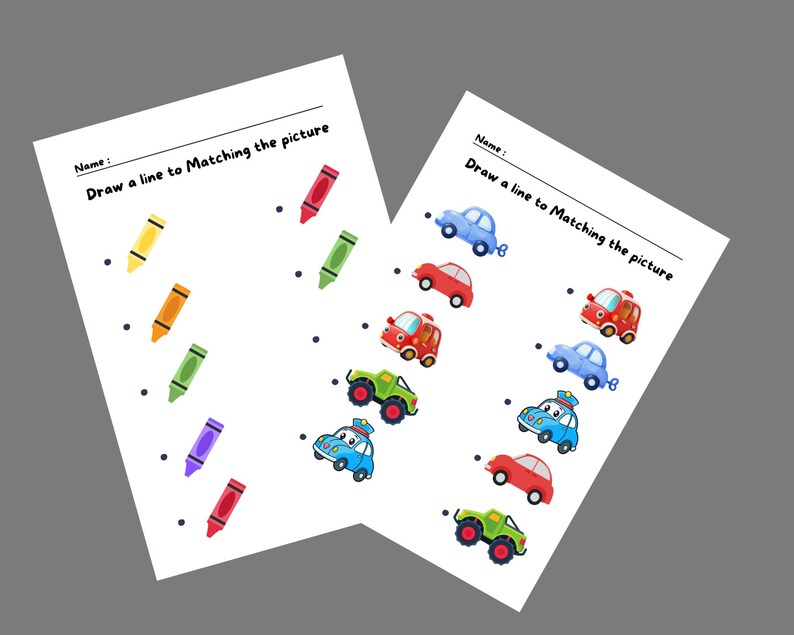 May include: A printable worksheet with two sections. The top section has a line of five crayons in different colors. The bottom section has a line of five toy cars in different colors. The text "Draw a line to Matching the picture" is at the top of each section.