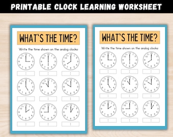 Druckbare Uhr Lernarbeitsblatt, Zeit Arbeitsblätter, Digitaluhr Lernarbeitsblatt, Zeitanzeige, analoge Uhr, sofortiger Download