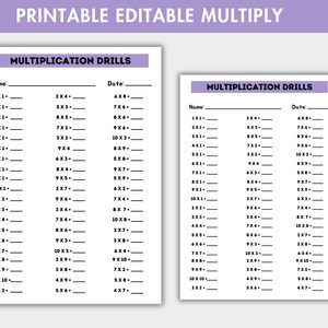May include: Two printable worksheets with multiplication drills. The worksheets are black and white and have a purple border. The worksheets are titled "Multiplication Drills" and have space for a name and date. The worksheets include multiplication problems from 1x1 to 10x10.