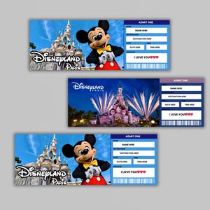 May include: Three blue and white admission tickets to Disneyland Paris featuring a cartoon image of Mickey Mouse and the Disneyland Paris castle. The text on the tickets reads "ADMIT ONE", "NAME HERE", "DESTINATION HERE", "DATE HERE", "TIME HERE", and "I LOVE YOU".
