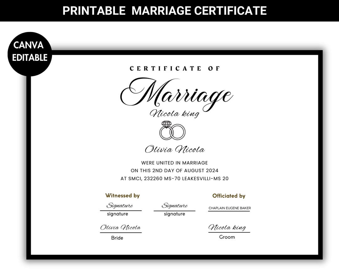 Printable Marriage Certificate Template, Custom Certificate of Marriage, Printable Wedding ...
