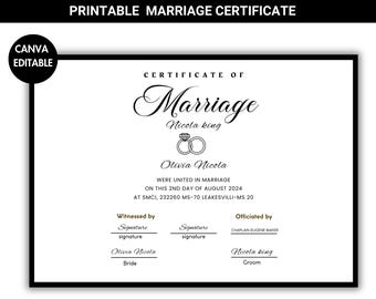 Printable Marriage Certificate Template, Custom Certificate Of Marriage, Printable Wedding Certificate, Canva Editable, Instant Download