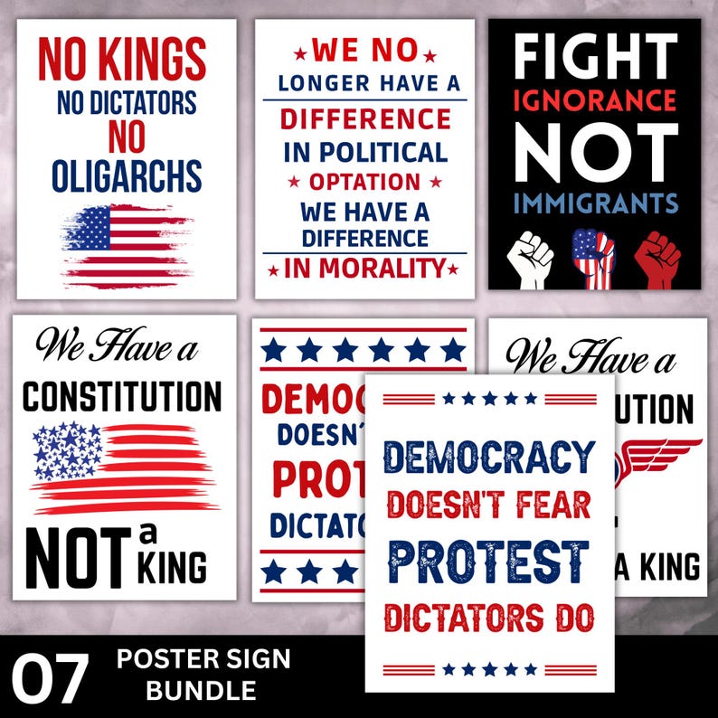May include: A bundle of seven poster signs with bold text in red and blue, featuring political and social justice messages. The signs include phrases like "No Kings," "Fight Ignorance Not Immigrants," and "Democracy Doesn't Fear Protest." The American flag is also featured.