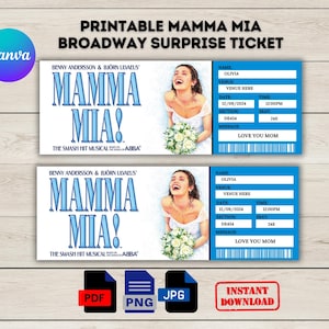 Afdrukbaar Mamma Mia Broadway Surprise Ticket, Mamma Mia Musical Ticket, Collectible Theater Ticket, bewerkbaar Musical Ticket, Instant Download