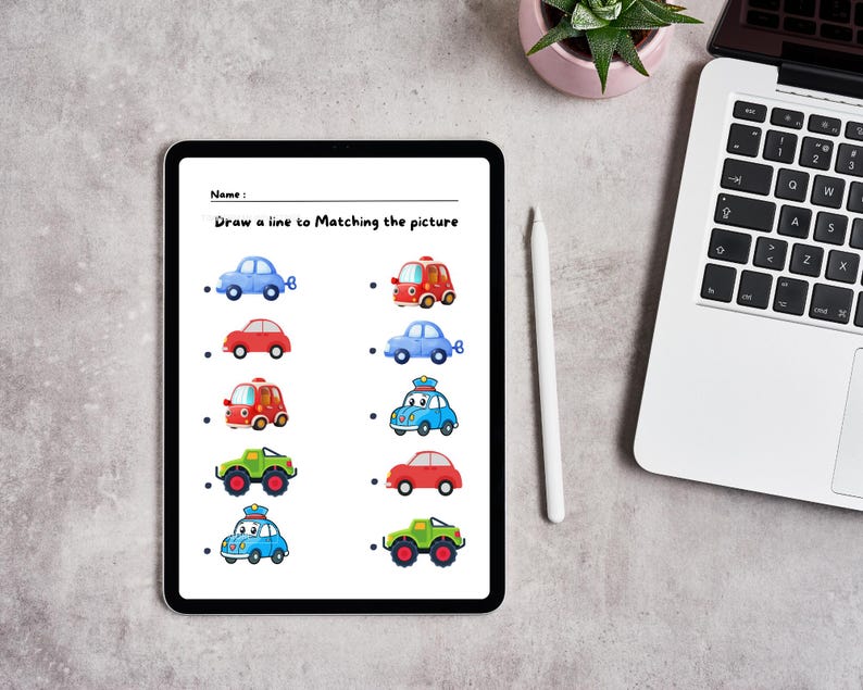 May include: A worksheet with the text "Draw a line to Matching the picture" and a series of images of different colored cars. The cars include a red fire truck, a blue police car, a green monster truck, and a red car. The worksheet is designed for children to practice matching.