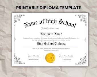 Plantilla de diploma de escuela secundaria imprimible, Diploma de escuela en casa, Diploma de escuela secundaria, Plantilla de réplica de diploma, Descarga instantánea