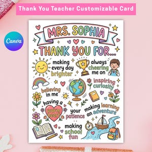 Può includere: Un biglietto di ringraziamento personalizzabile per insegnanti con il testo "Thank You For..." e un nome. Il biglietto presenta illustrazioni colorate di un sole, un arcobaleno, un mappamondo e icone scolastiche. Il logo Canva è visibile.