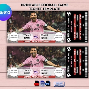 May include: Printable football game ticket template with a soccer player in a pink jersey. The ticket has a black background with white text and a soccer ball graphic. The text on the ticket reads "Team 1 vs Team 2", "Admit One", "Month", "Day", "Time", "Section", "Seat", and "Row".