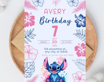 Pobierz cyfrowo Stitch Birthday Invitation, Printable Birthday Invite, Invitation Template, Boys Girls Birthday Party Invite, Canva Template