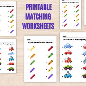May include: Printable matching worksheets for kids.  The worksheets feature colorful crayons and toy cars to match.  The text on the worksheets says "Draw a line to matching the picture".