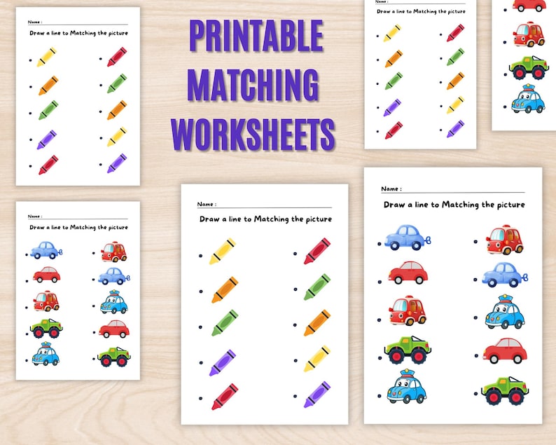 May include: Printable matching worksheets for kids.  The worksheets feature colorful crayons and toy cars to match.  The text on the worksheets says "Draw a line to matching the picture".